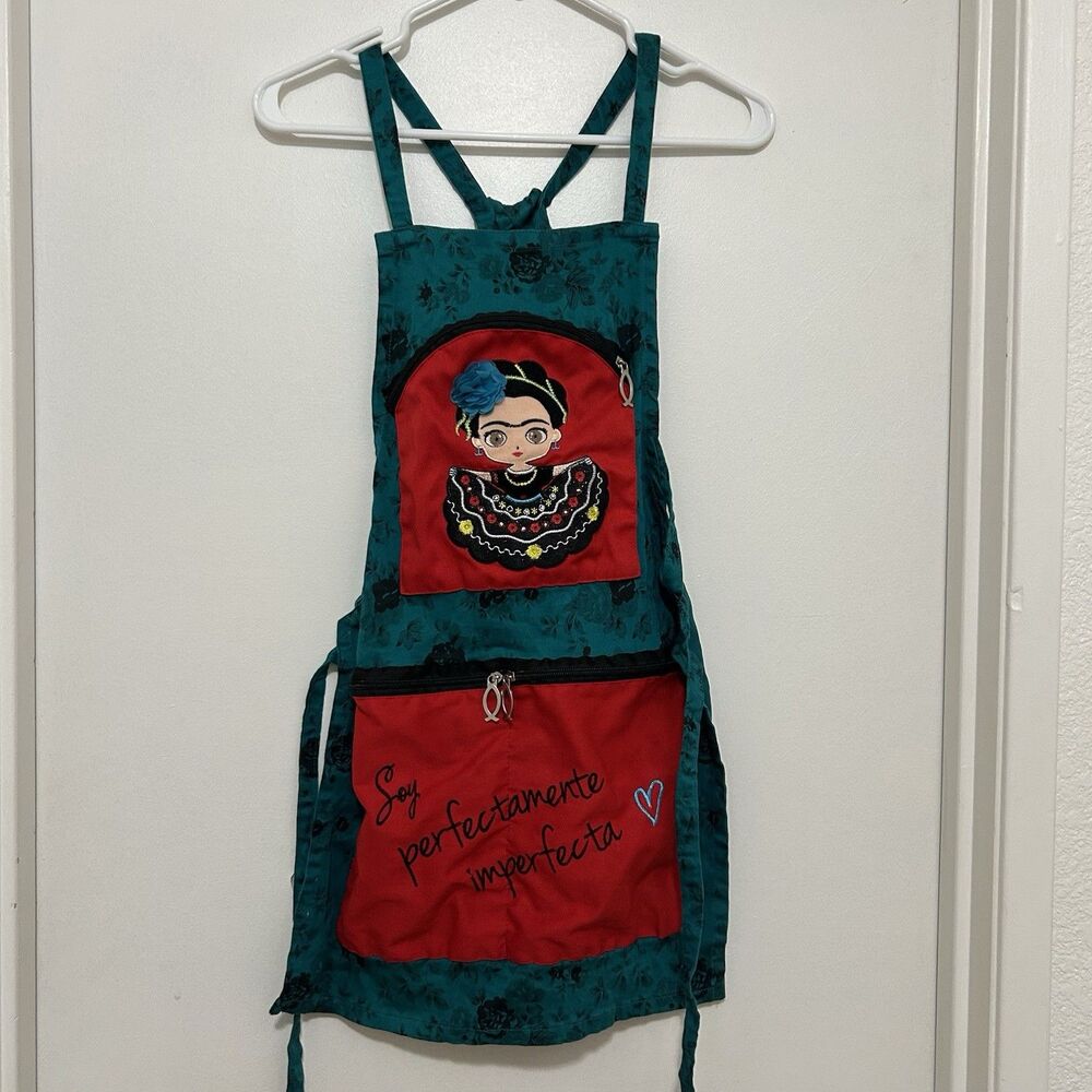 Frida Kahlo Embroidered Kitchen Apron Teal Floral  Soy Perfectamente Imperfecta